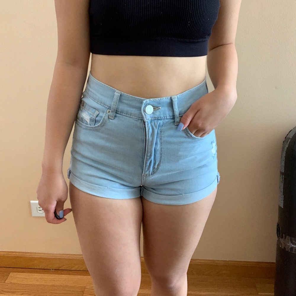 light wash high waisted denim shorts